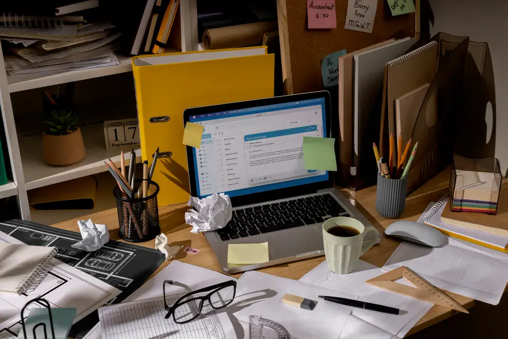 Cluttered office workspace showing the storage vs expansion dilemma that self storage can solve for small businesses